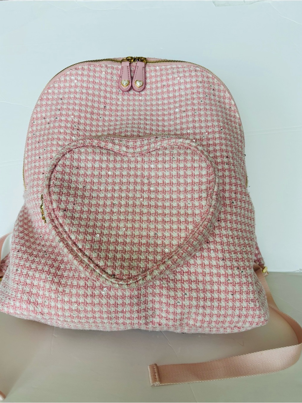 Stoney Clover Lane Pink Tweed Heart-Front Backpack